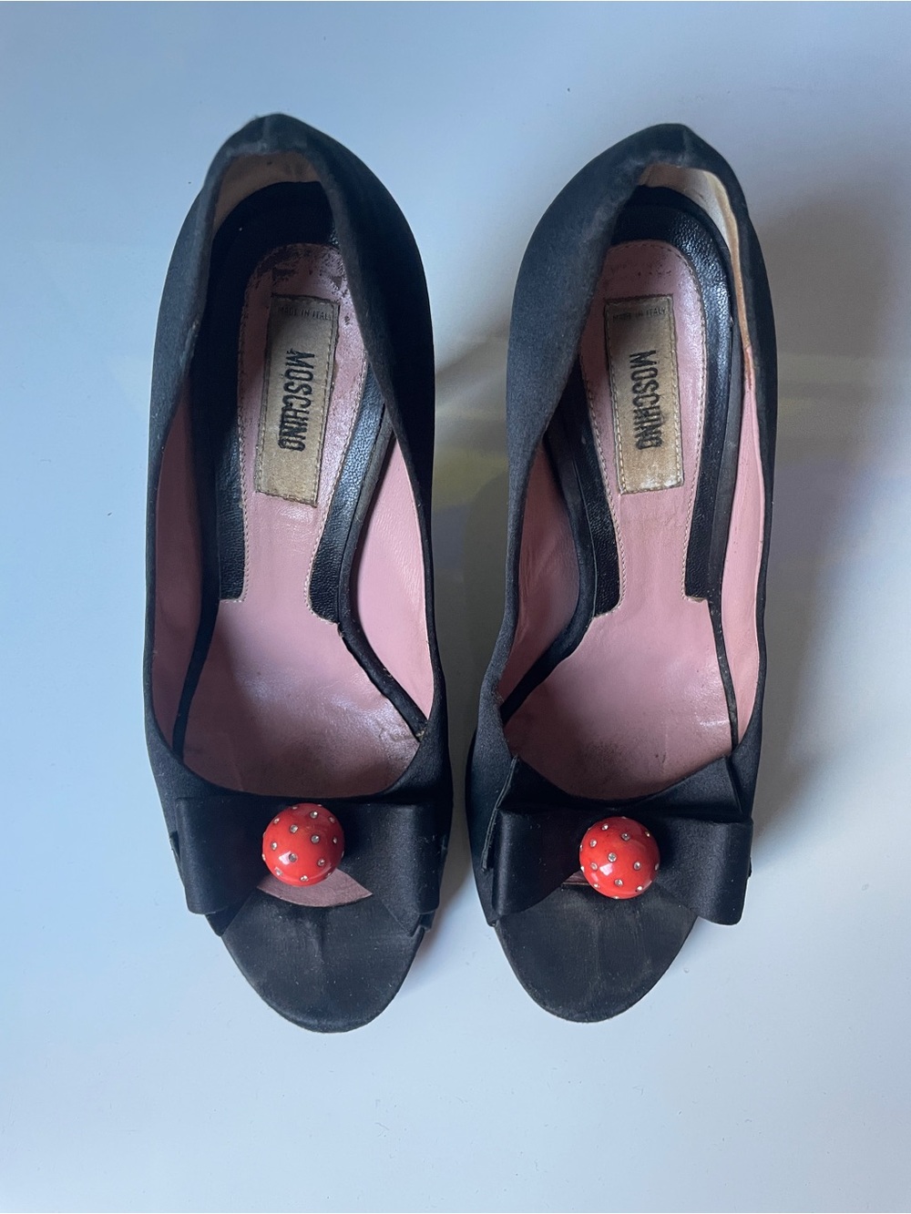 Vintage Moschino Black Satin Peep-Toe Pumps with Bow